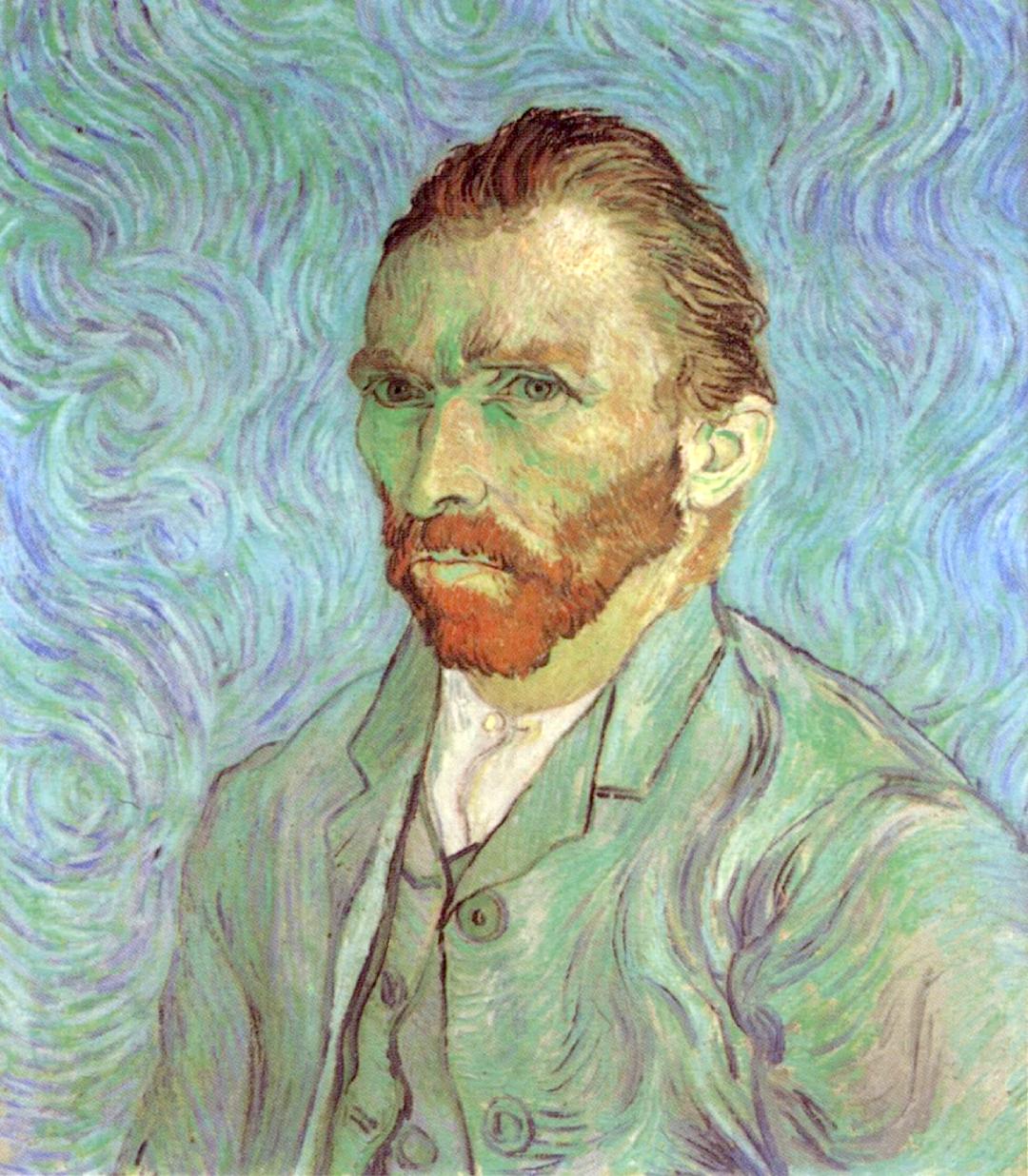 Self-Portrait shows Vincent van Gogh gazing intensely toward the viewer with piercing green-blue eyes, a red beard, and slicked-back hair. He wears a pale blue-green jacket against a swirling turquoise background filled with rhythmic brushstrokes, creating a sense of movement and emotional tension characteristic of van Gogh’s expressive style.